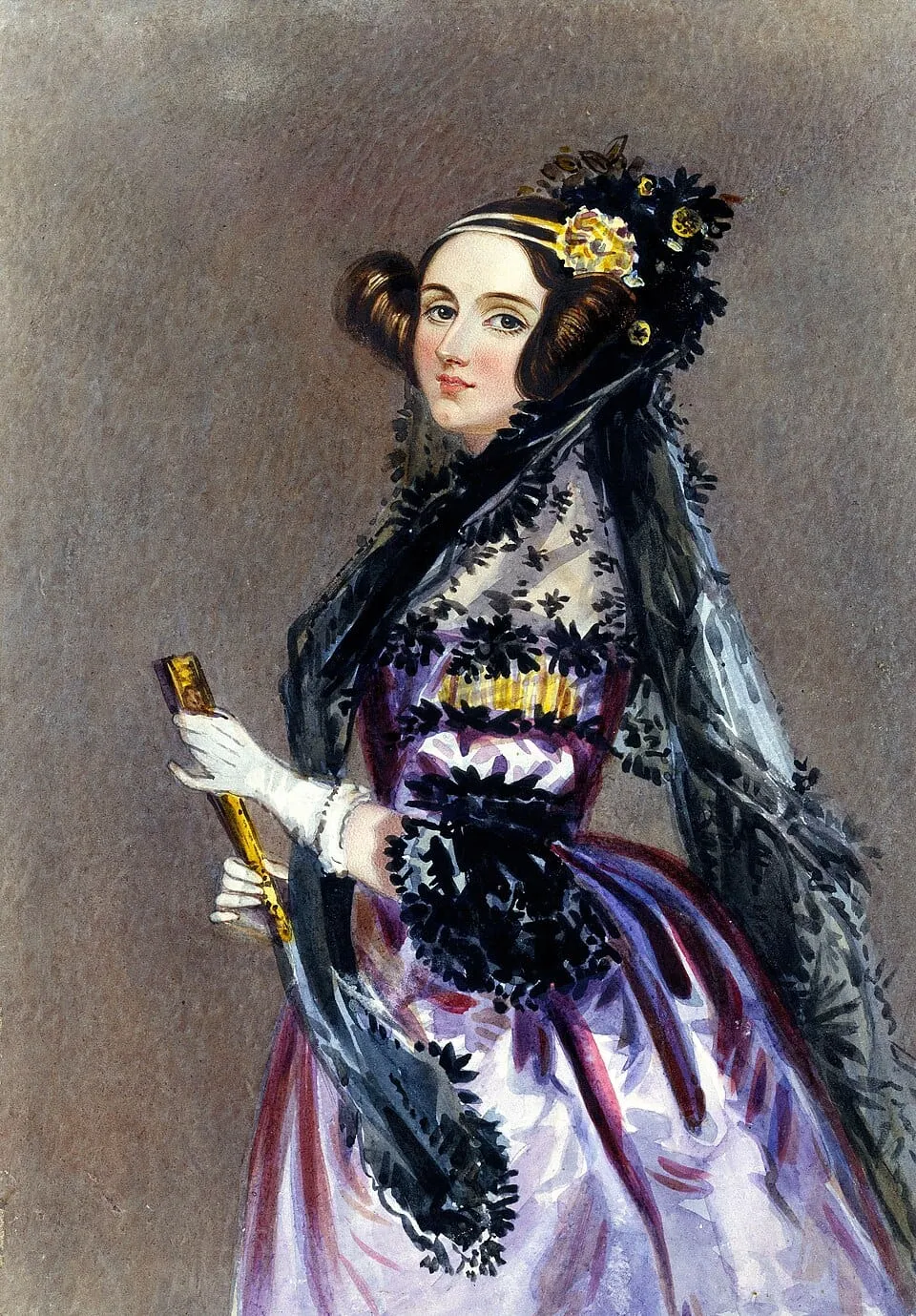 Watercolor portrait of Ada Lovelace in a purple dress with a lace veil