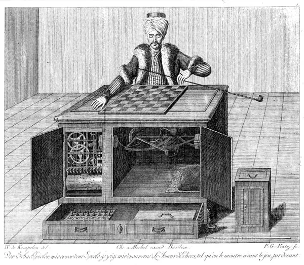 Copper engraving of the Mechanical Turk chess automaton, a robed figure seated at a cabinet with its interior doors open